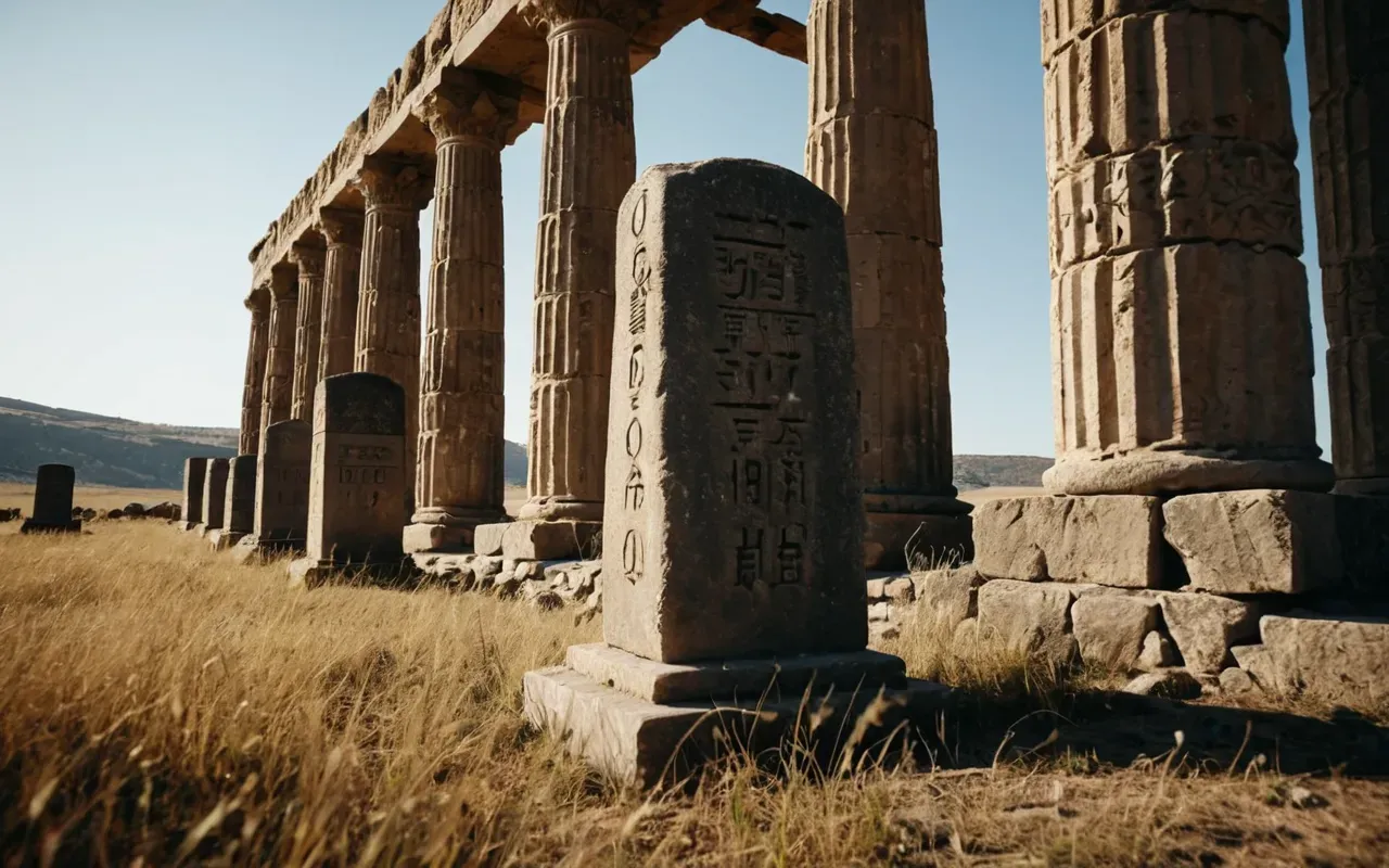ancient stones Cinematic low-angle shot of massive ancient stone pillars standing in a dry grassy field under bright sunlight with dramatic shadows and no people present