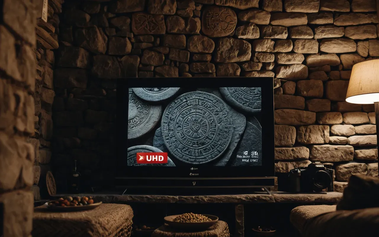 history channel documentary Cinematic shot of a dimly lit living room with a large television screen displaying abstract ancient stone patterns in the background, cozy atmosphere