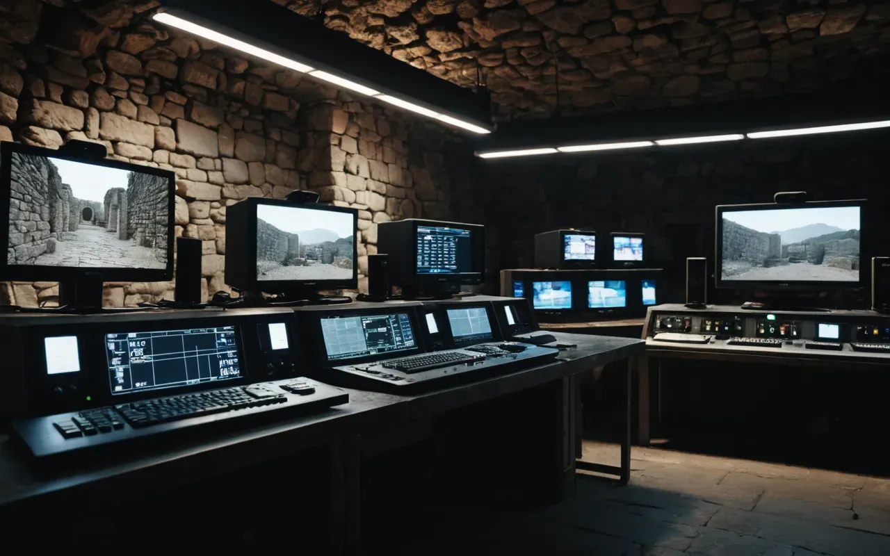 gobeklitepe documentaries Cinematic wide shot of a dark television studio with multiple monitors showing ancient stone ruins in high definition contrasted against modern control panels and red recording lights creating dramatic shadows
