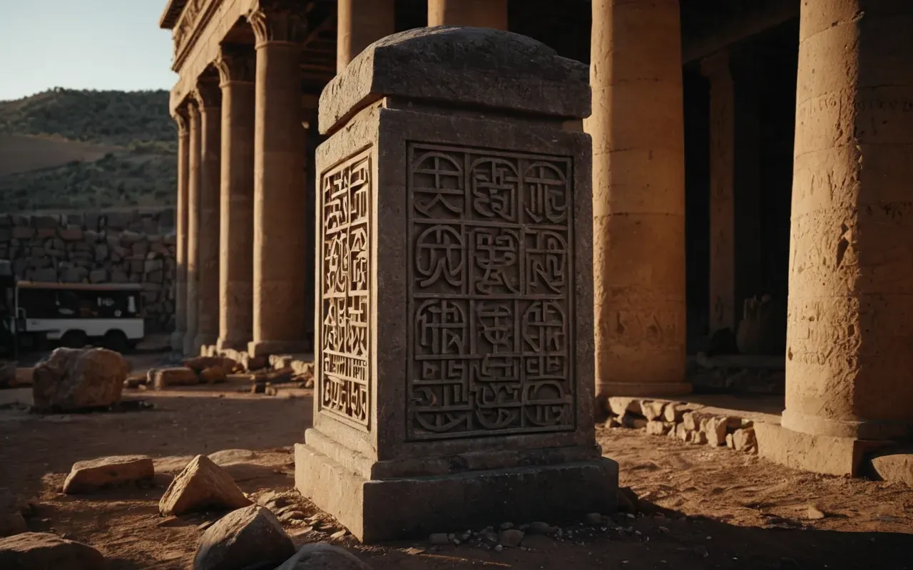 Cinematic wide shot of a massive stone pillar in an outdoor excavation site at dusk with dramatic shadows and warm ambient lighting from work lamps