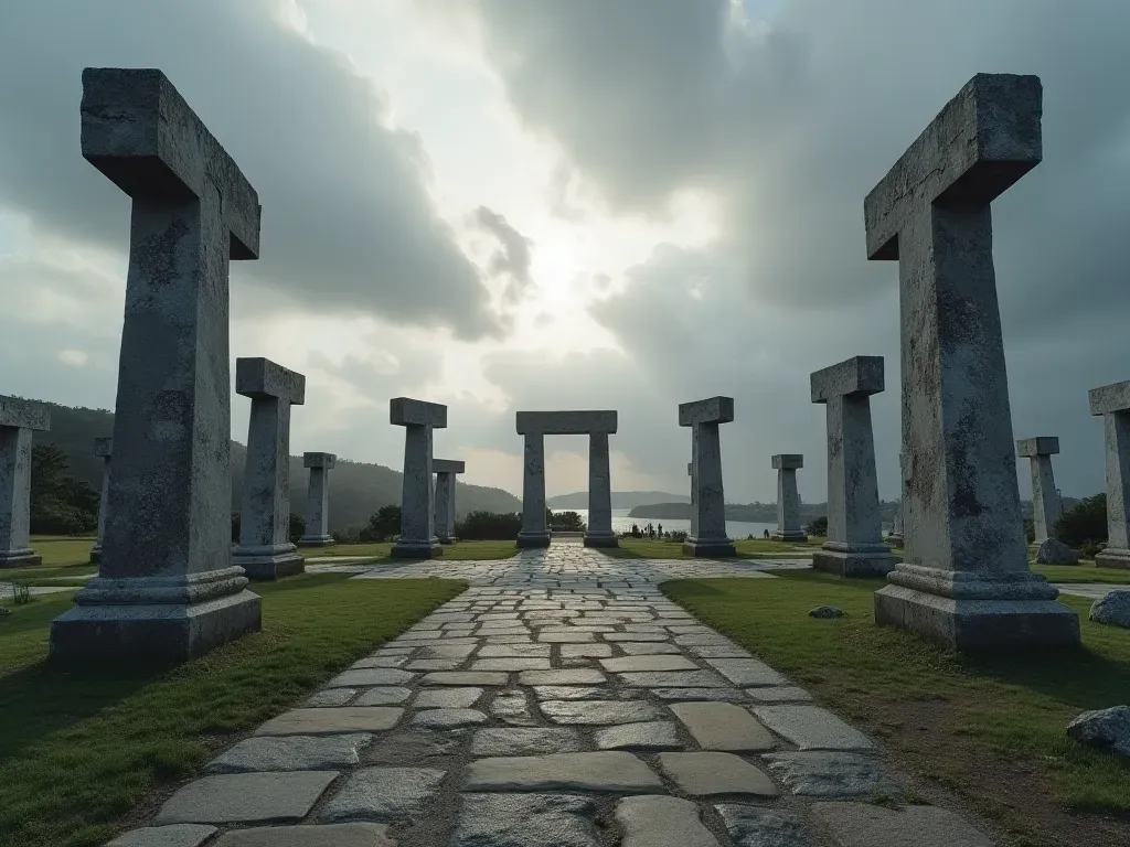 T-shaped pillars Cinematic wide shot of large T-shaped limestone pillars arranged in a circle against a dramatic cloudy sky with natural lighting highlighting the stone texture and monumental scale without any people or text present