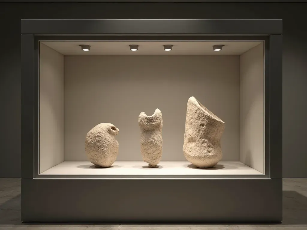 Clean editorial photograph of a modern museum display case containing polished limestone artifacts under controlled gallery lighting, neutral gray background, shallow depth of field