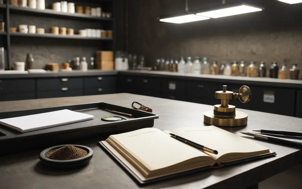 archaeological discoveries Clean modern laboratory workspace with stacked field notebooks, brass magnifying glass, and geological soil samples under bright overhead lighting