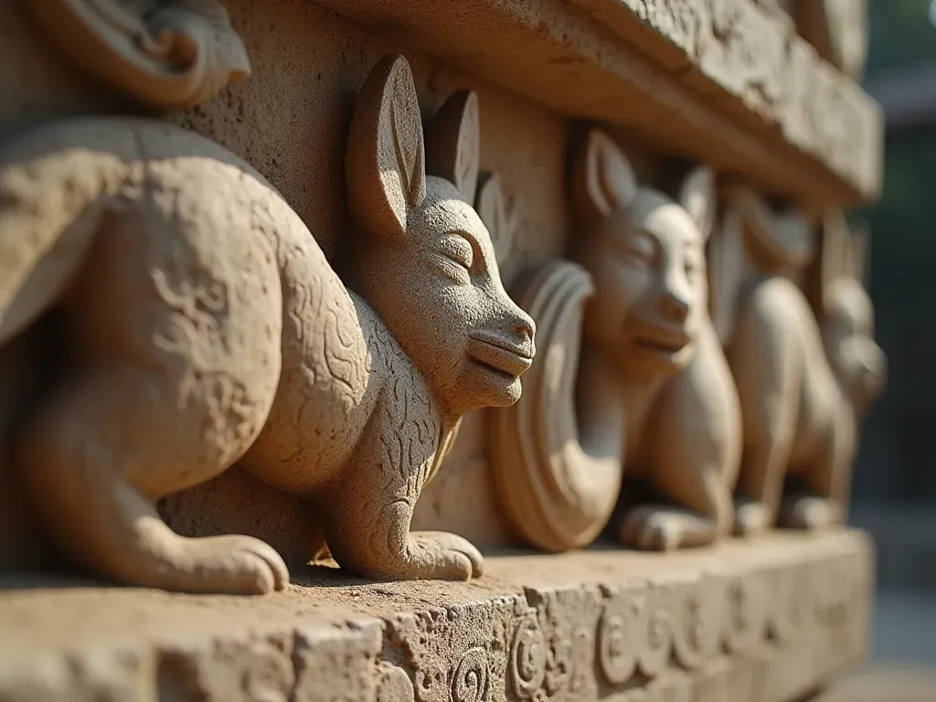 stone carvings Close-up detail of ancient stone carving showing intricate animal reliefs like birds or foxes with sharp focus on the chisel marks and weathered texture under soft directional lighting against a blurred neutral background