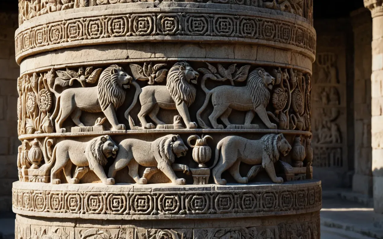 Neolithic carvings Close up detail of intricate animal carvings on a massive stone pillar showing lions and birds in relief. The texture is rough ancient limestone with deep shadows highlighting the craftsmanship under natural sunlight.