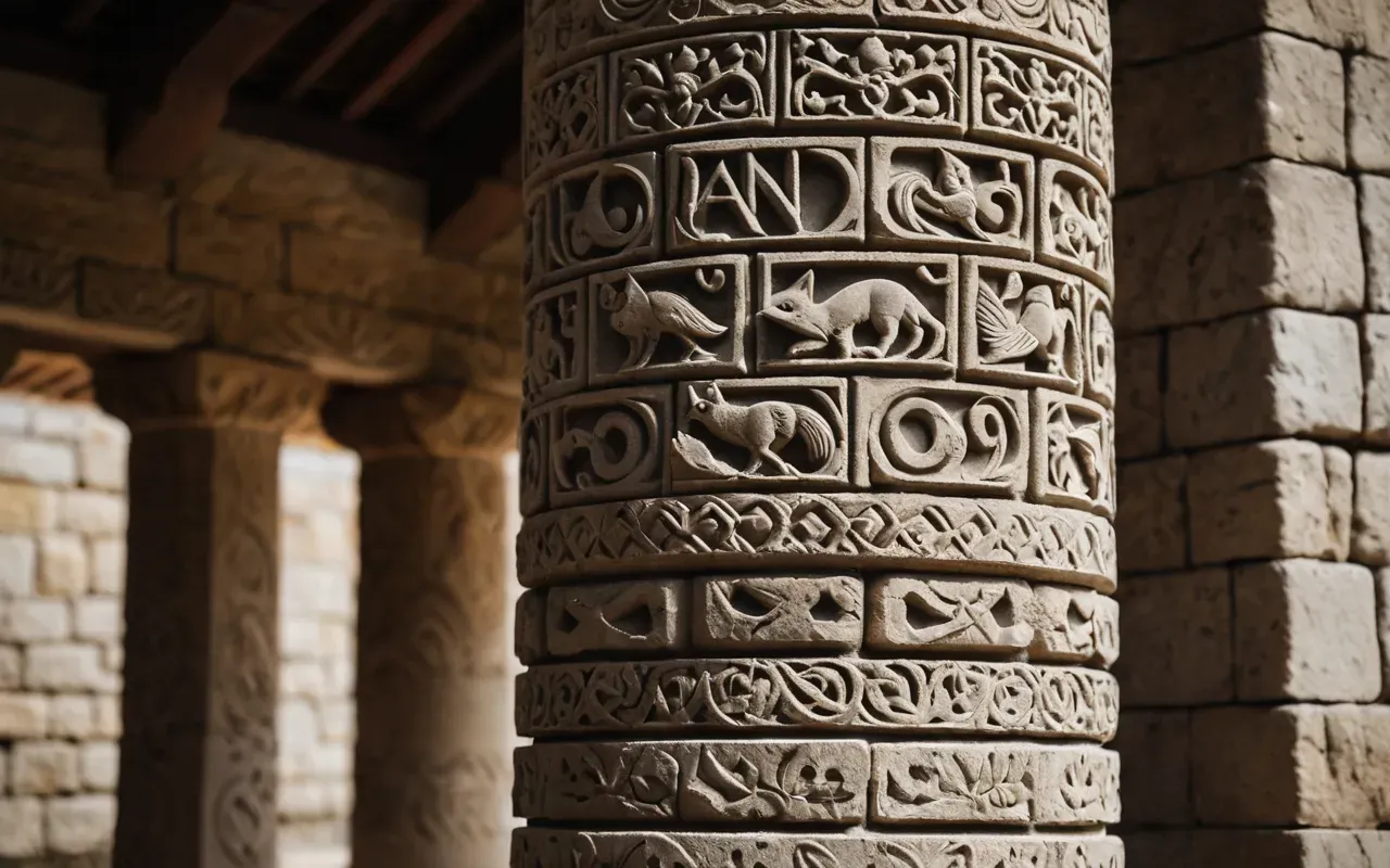 Close up detail of intricately carved limestone pillar featuring stylized animal figures including birds and foxes rendered in low relief against rough stone texture