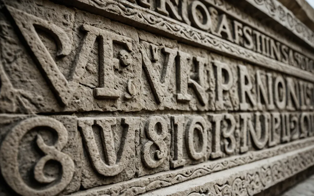 stone carvings Close-up detail of rough limestone surface with intricate carvings of stylized animals including birds and insects visible in natural daylight without any text overlays