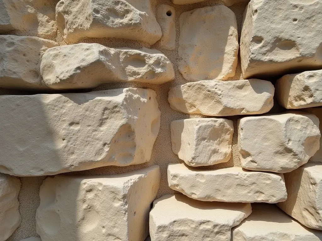 Close-up editorial photograph of rough limestone textures with visible tool marks and natural weathering patterns under soft directional daylight, clean neutral background