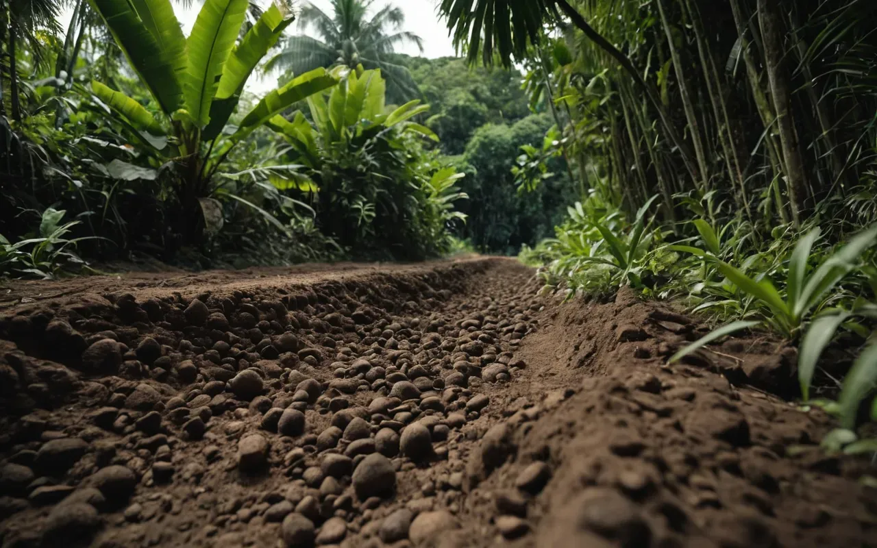 geoglyphs brazil Close up ground level view of deep earthen ditch surrounded by lush tropical plants showing texture of soil and vegetation illustrating scale of ancient earthwork construction in daylight natural lighting photorealistic style