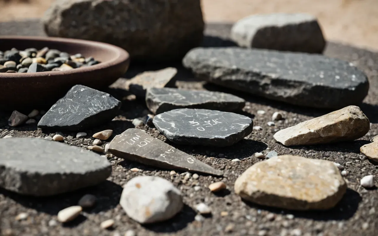Close up of ancient flint tools and stone fragments arranged on a neutral surface with soft natural light highlighting texture and edges