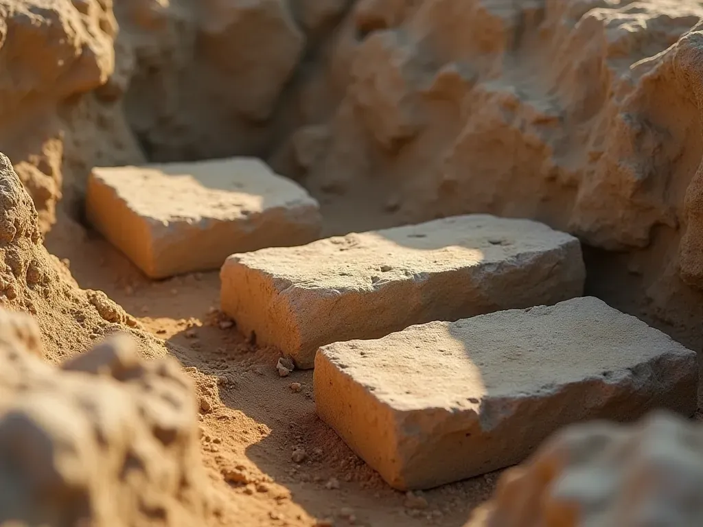 Close-up of ancient limestone blocks in an excavation trench with soft natural light highlighting the rough texture and age of the material.