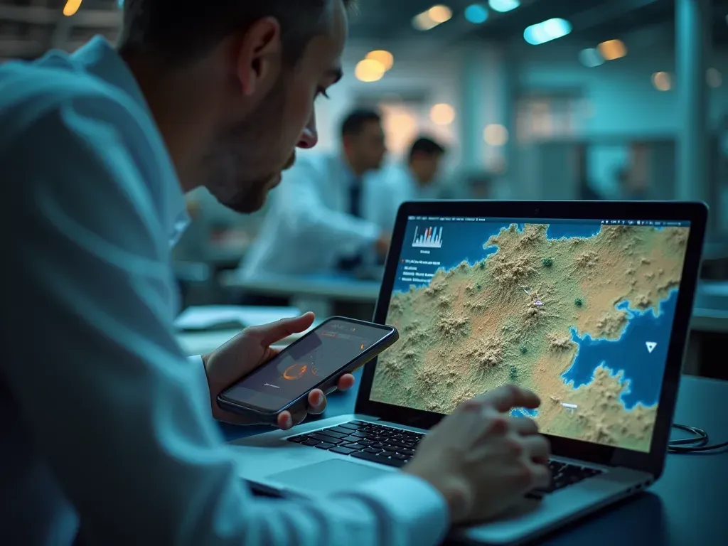 Close up of archaeologists using handheld devices and laptops analyzing digital terrain models on screen in a modern laboratory setting with maps and data charts visible showing geometric patterns overlaid on forest imagery