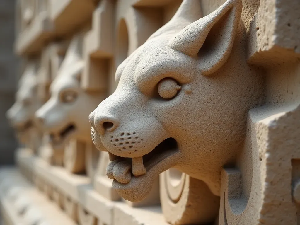 Close up of intricate limestone carvings depicting abstract animal forms with smooth polished surfaces and deep chisel marks under soft diffused lighting highlighting the texture differences between carved and uncarved stone