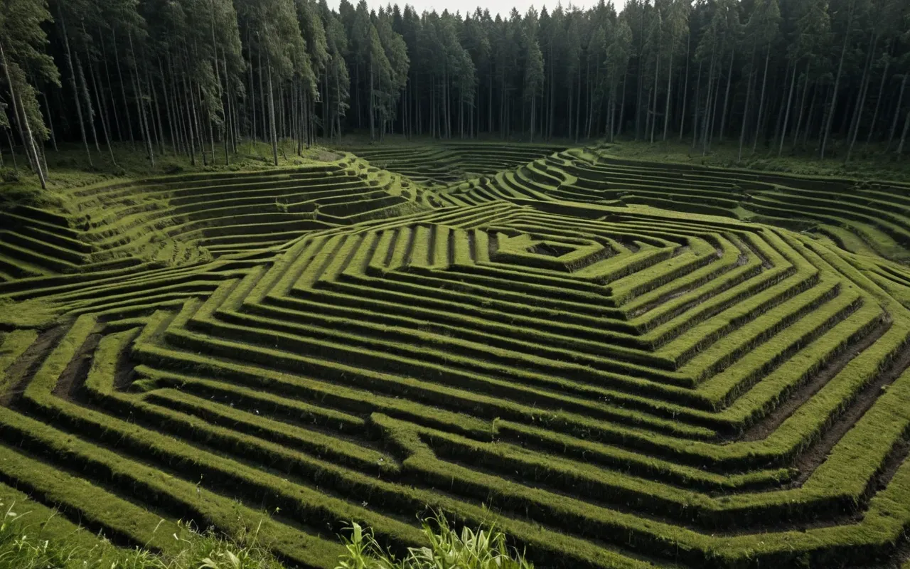 Close-up of meticulously constructed geometric earthworks in a forest clearing showing raised mounds and ditches forming precise angular patterns indicative of ancient human engineering.