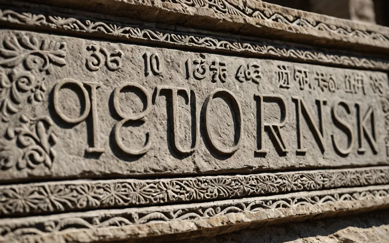 archaeological discoveries Close up of weathered limestone surface with intricate carvings visible under natural daylight highlighting rough texture and ancient craftsmanship details