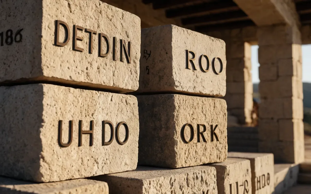 stone texture Close up photo of weathered limestone blocks with precise cut edges showing tool marks under golden hour lighting no text or modern objects in frame