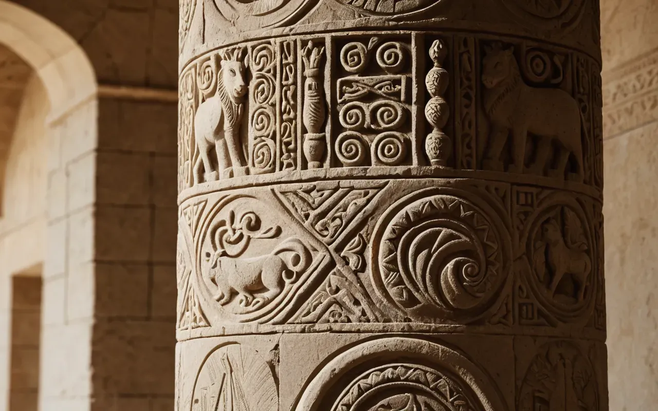 Close-up photograph of a carved limestone pillar with abstract animal reliefs and shallow incised lines, warm side lighting against a plain neutral background, museum-quality studio shot