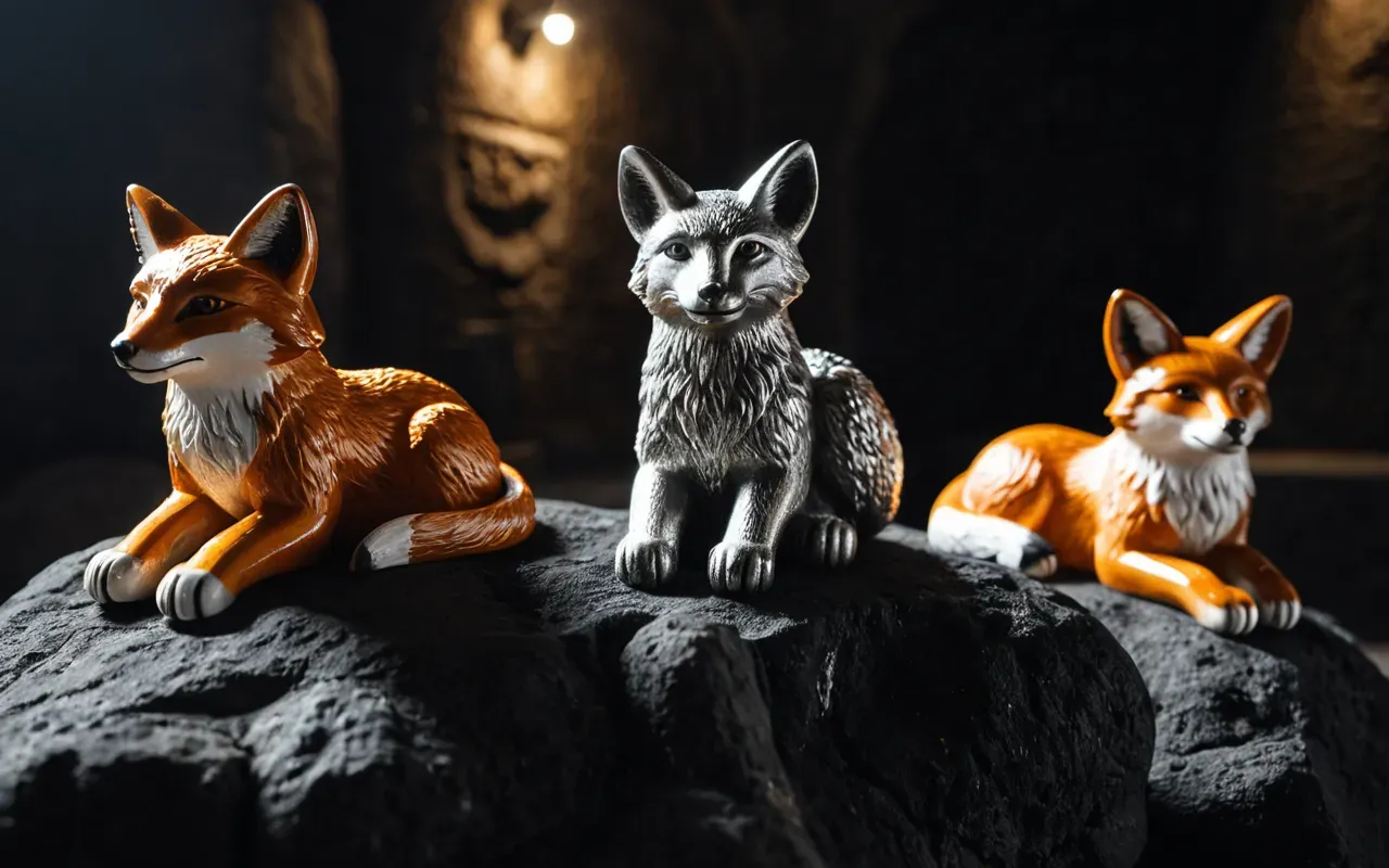 Close-up photograph of three small polished stone animal sculptures resting on dark volcanic rock under dramatic museum lighting. The figures resemble a fox vulture and boar arranged in deliberate triangular composition with soft shadows highlighting their textured surfaces.