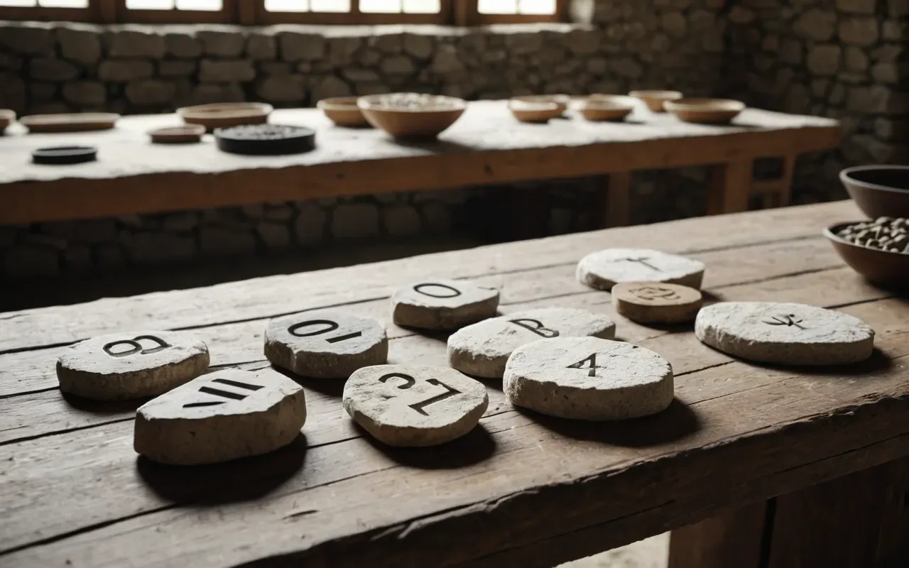 archaeological excavation details Close-up shot of ancient limestone stone fragments arranged on a wooden table in an archaeological laboratory with soft natural lighting and scientific tools nearby