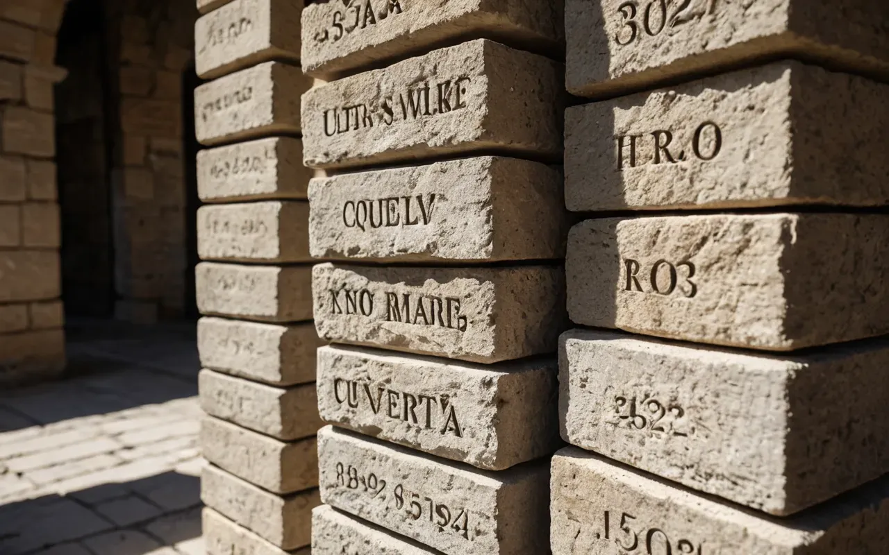 Close-up shot of rough textured limestone blocks stacked together in bright sunlight with sharp shadows highlighting the natural grain and weathering patterns on the stone surface