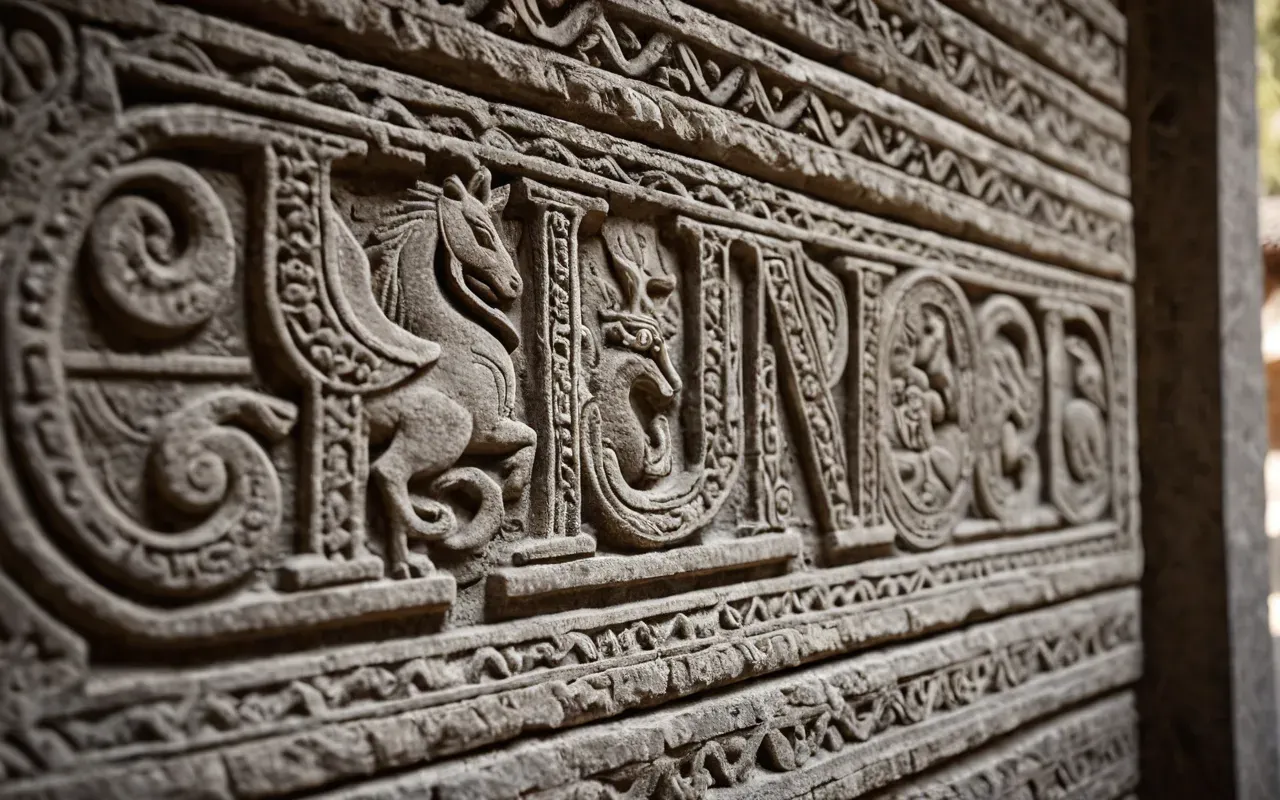 Close up texture of ancient weathered stone with intricate animal carvings. Soft natural sunlight highlights the depth of the chiseled details on a neutral background.