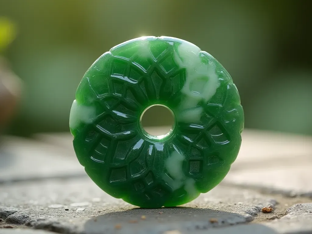 Close up view of a polished green jade disc with intricate carved geometric patterns. The object rests on a neutral stone surface under warm studio lighting highlighting the texture.
