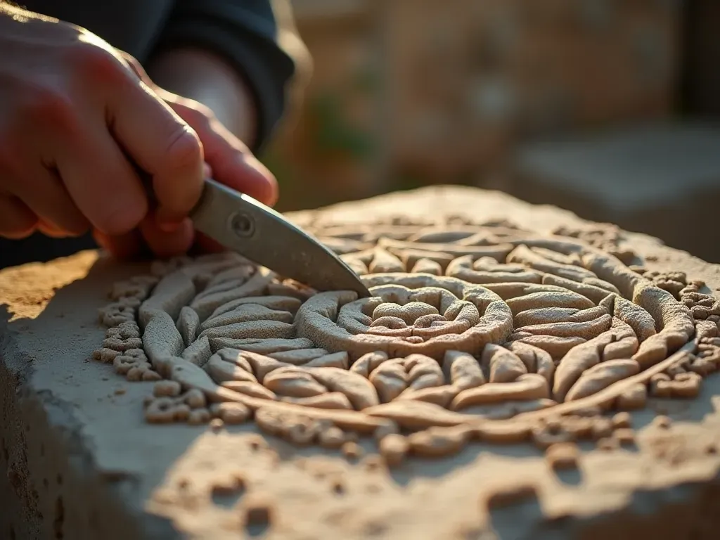 stone carving process Close-up view of hands using a stone chisel to carve intricate patterns into rough limestone. Sunlight reflects off the sharp edges of the tool and the newly exposed stone surface.