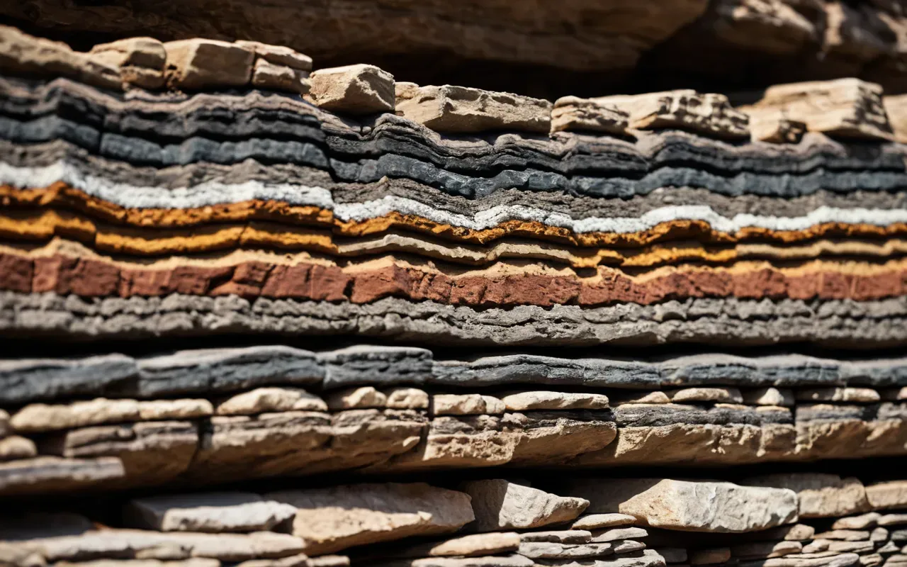 Close up view of layered sedimentary rock strata with distinct color bands representing different geological periods and mineral compositions.
