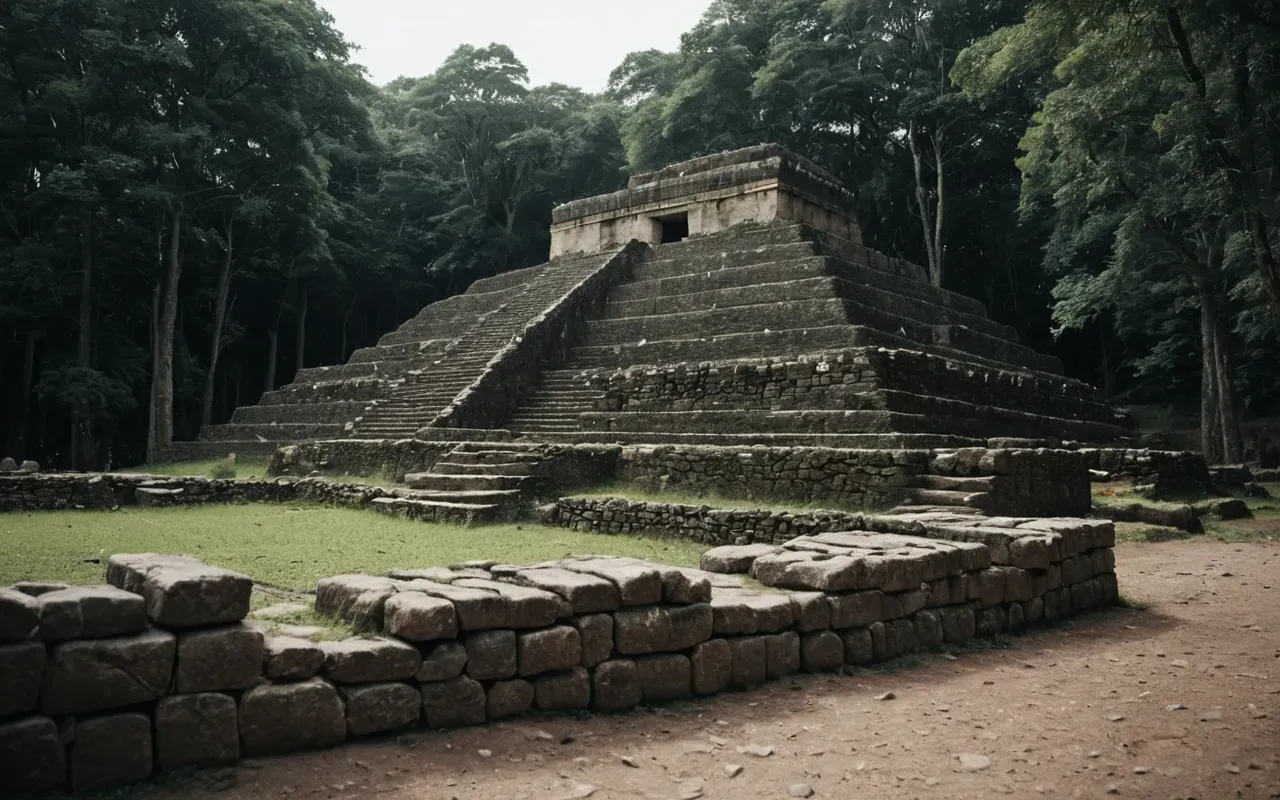 Conceptual image showing a contrast between traditional stone ruins and subtle earthwork mounds in a forest highlighting the diversity of ancient architectural achievements worldwide.
