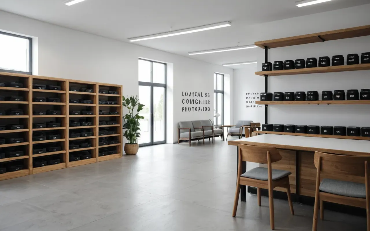 prehistoric engineering Contemporary office interior with clean white walls, modular shelving units, and a single wooden chair under diffused daylight