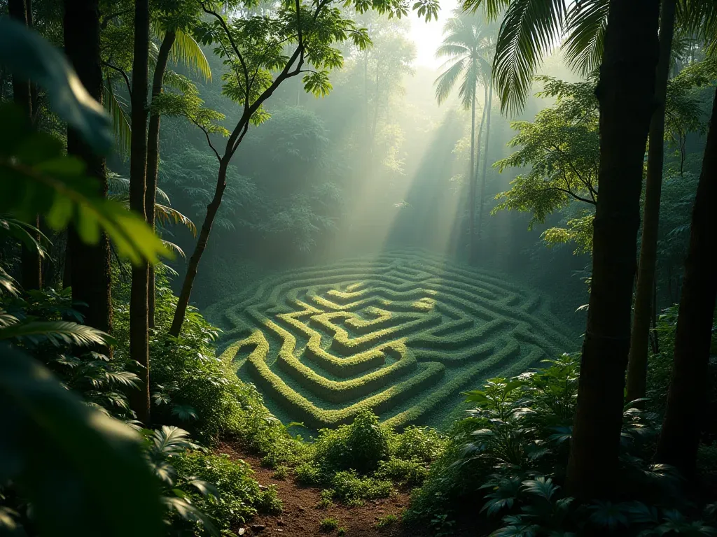 amazon geoglyphs aerial view Dense rainforest canopy viewed from above showing geometric earthwork patterns hidden among trees with soft morning light filtering through leaves