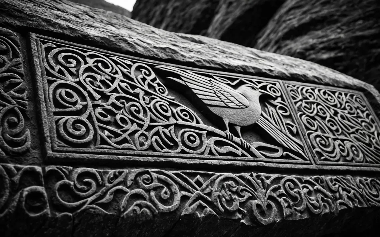 abstract carvings Detailed close-up of a carved stone surface showing abstract bird motifs and geometric patterns emerging from the rock texture in high contrast black and white photography style