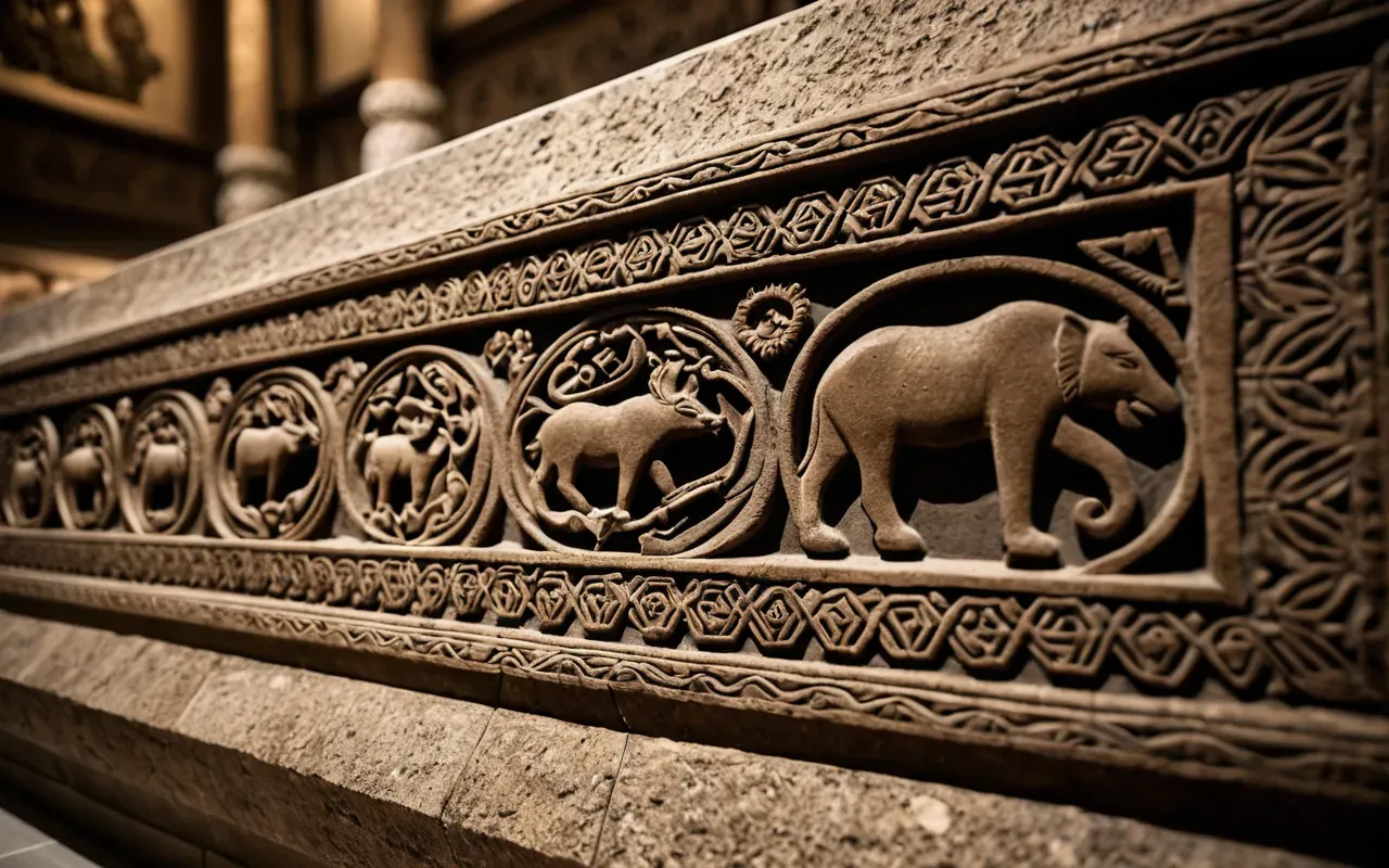 Detailed close up of carved stone animal motifs showing intricate craftsmanship in a neutral museum display setting with soft lighting highlighting texture and depth.