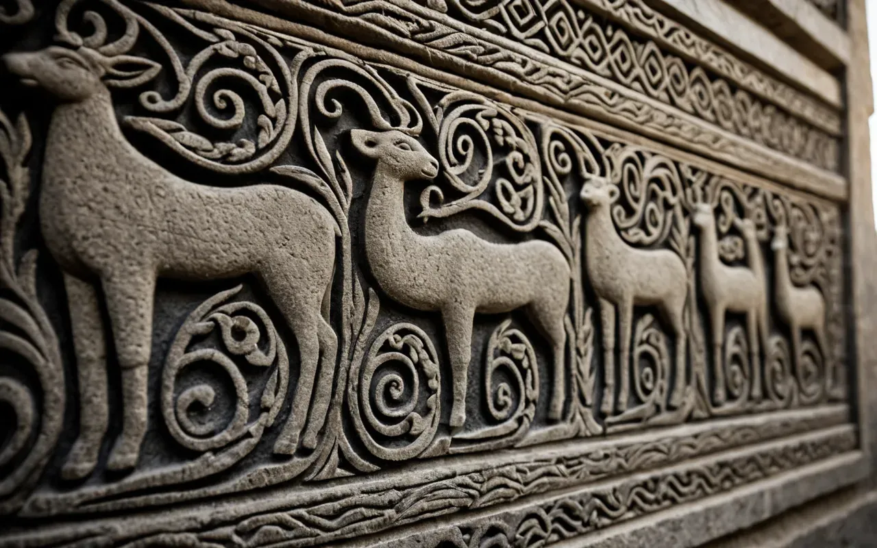 Detailed close-up of carved stone relief showing intricate animal patterns etched into rough limestone surface with dramatic side lighting emphasizing texture and depth of the carving work