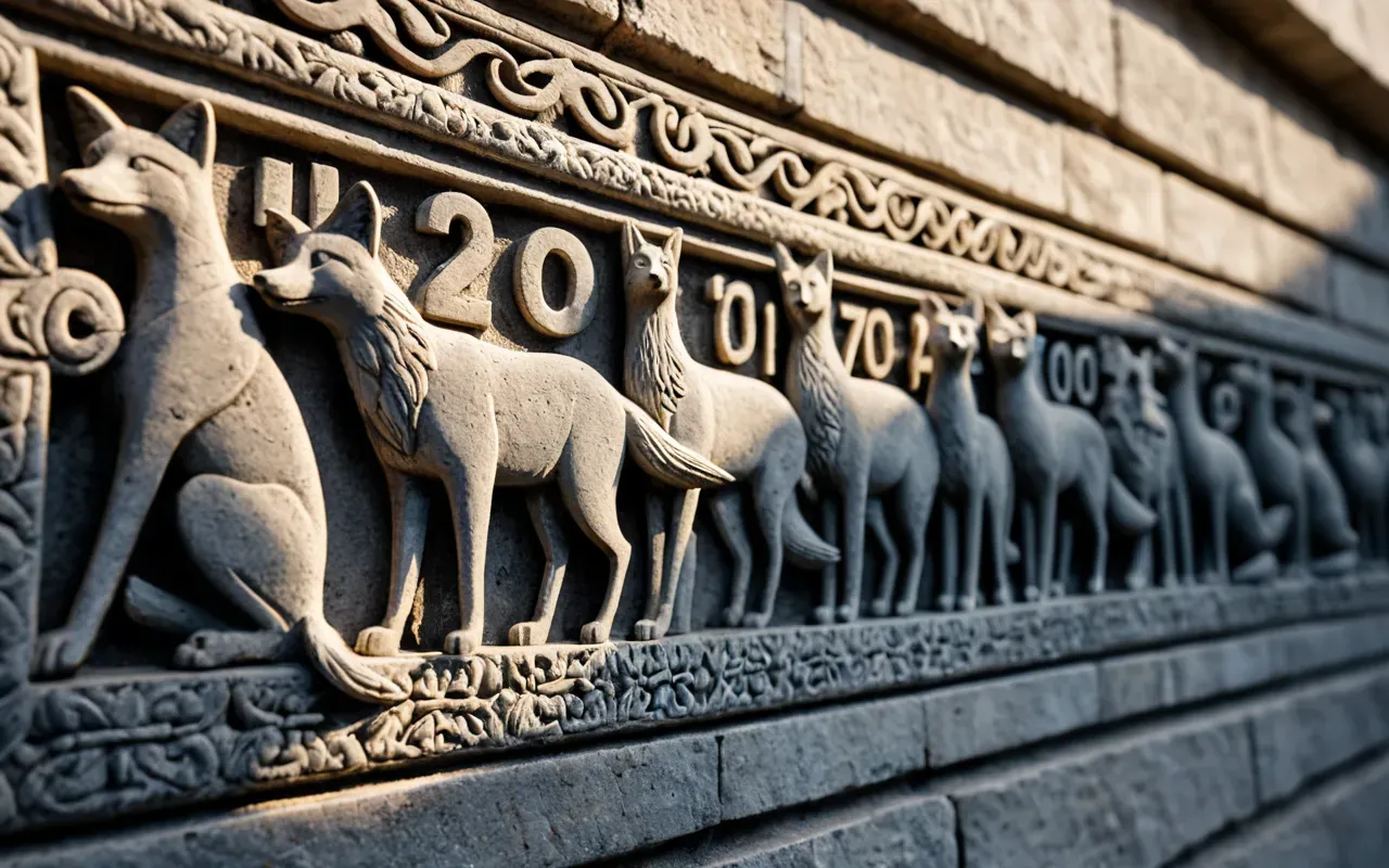 Detailed close-up of stylized animal reliefs carved into limestone surface showing bird and fox forms in shallow relief, raking light revealing texture depth against a plain neutral backdrop