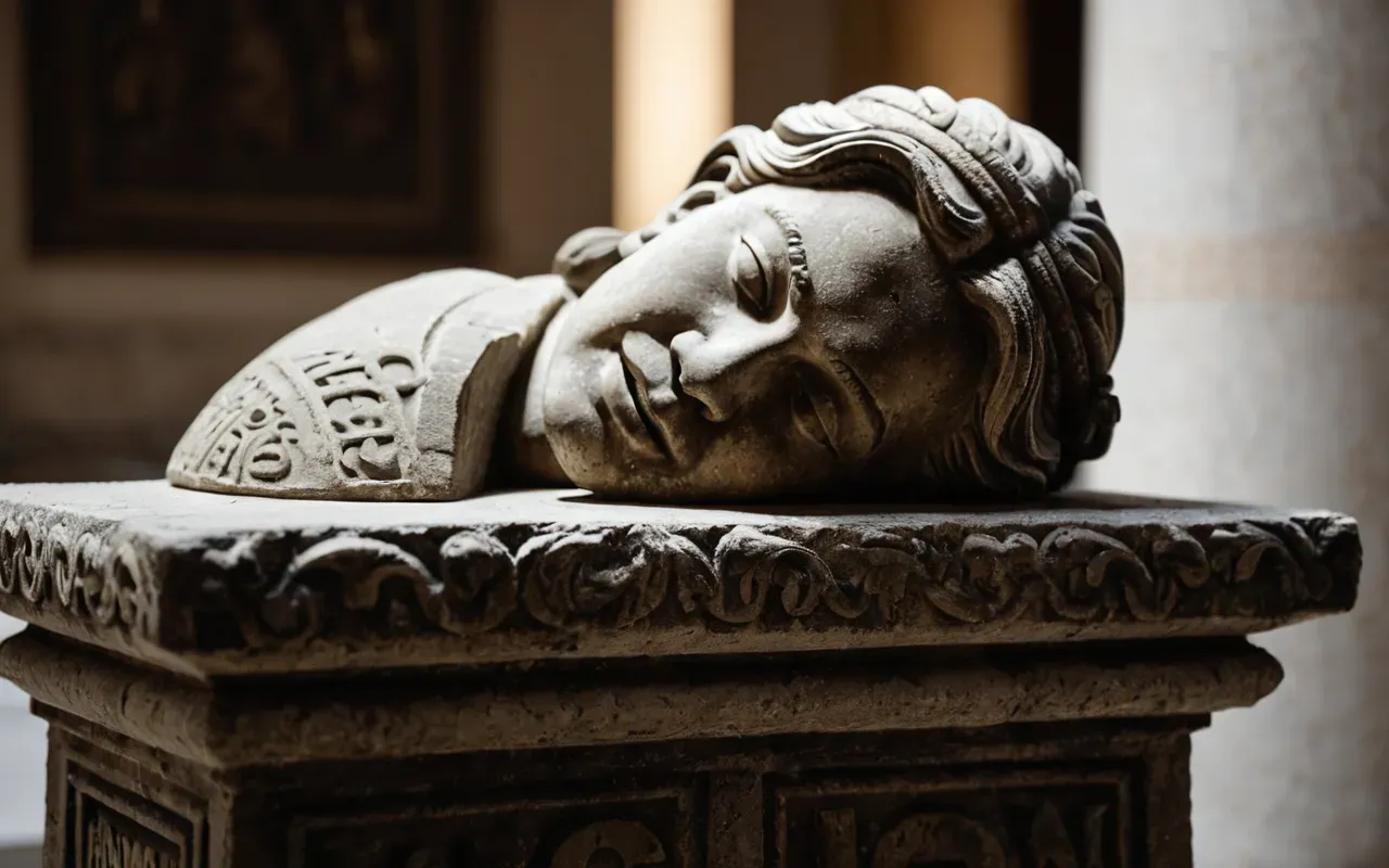 archaeological misconceptions Detailed close up photograph of weathered limestone statue fragment lying on museum pedestal under controlled gallery lighting emphasizing subtle facial expressions and clothing folds without background distractions or textual labels present around object display area