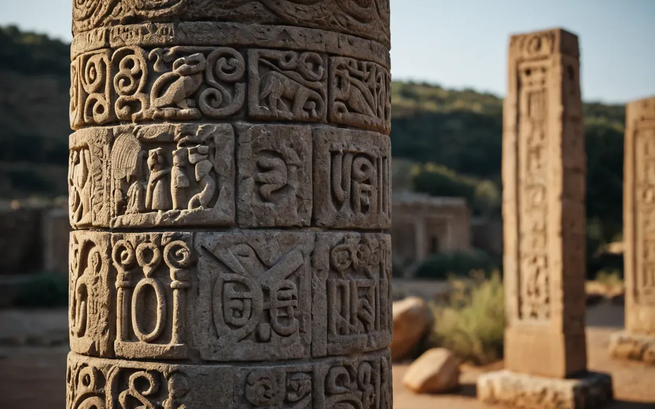neolithic turkey Detailed view of ancient stone pillar with carved animal figures illuminated by soft directional lighting against a blurred natural background emphasizing archaeological detail