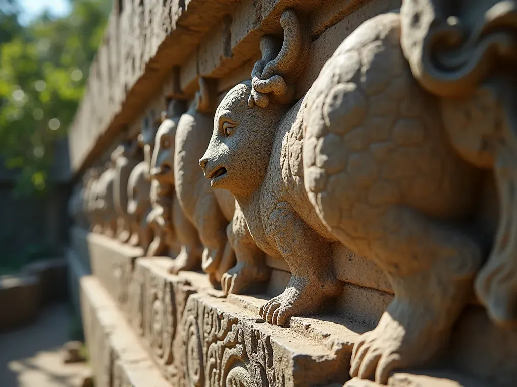 Detailed view of intricate animal carvings on a weathered stone surface with soft shadows creating depth and texture in the rock.