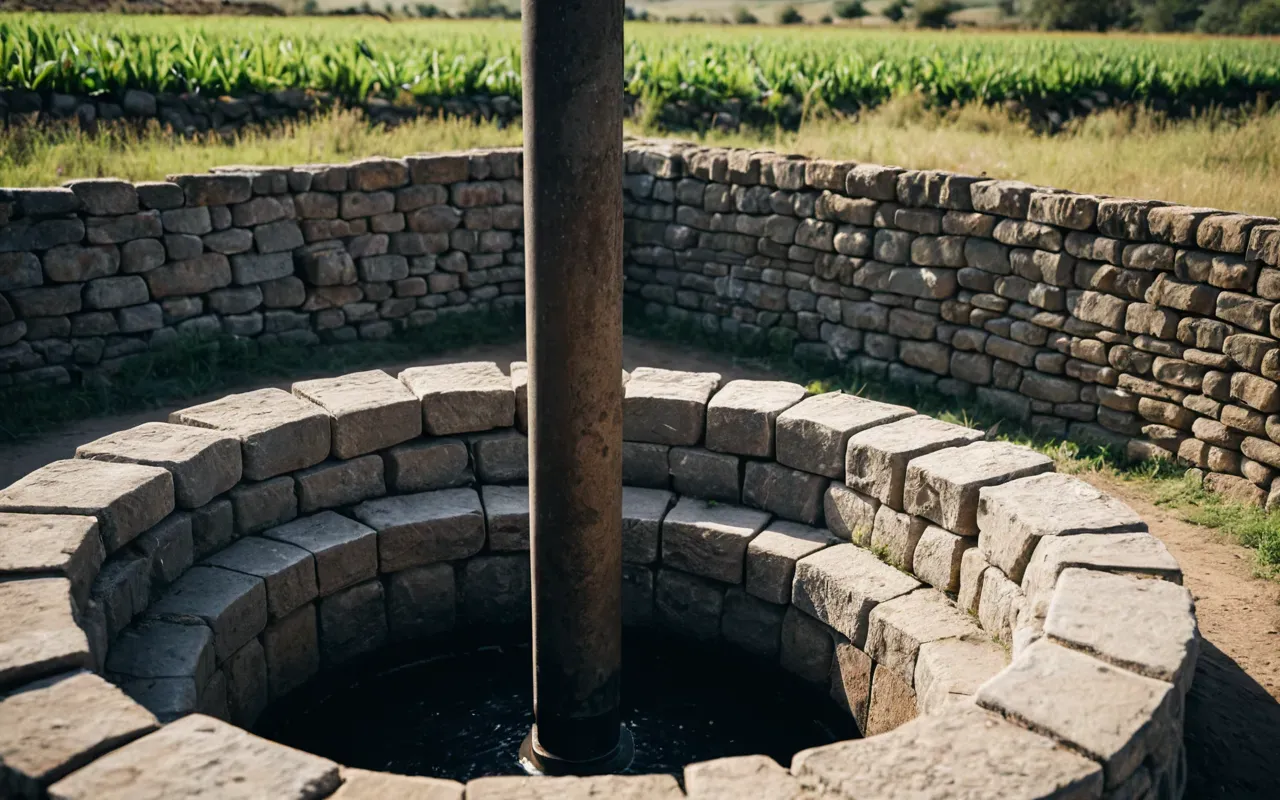 Editorial photograph of a clean stone-lined well shaft in an outdoor setting with natural daylight and surrounding earth textures