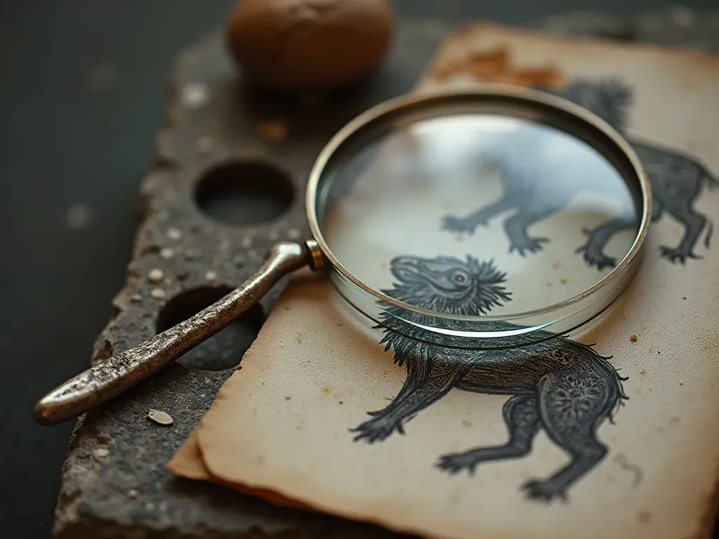 Editorial still life of a magnifying glass resting on a textured stone surface beside a charcoal sketch of ancient animal motifs, soft diffused lighting, neutral tones