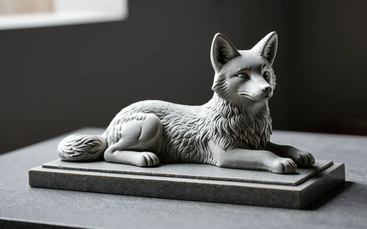 Editorial still life of a small carved stone fox artifact resting on a neutral gray surface with soft diffused lighting highlighting the texture and form without any background distractions or text.