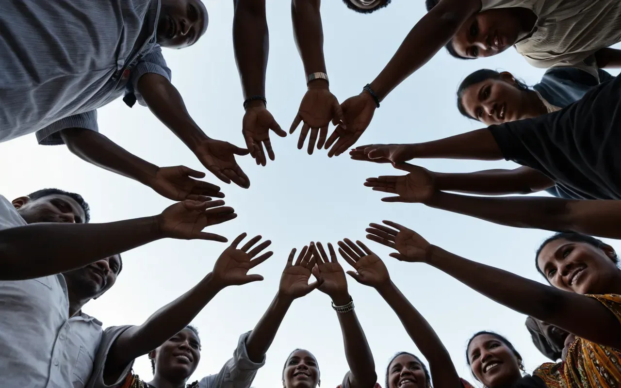 Group of diverse people standing in a circle around a central point outdoors holding hands looking up towards the sky with expressions of hope and unity captured in natural daylight
