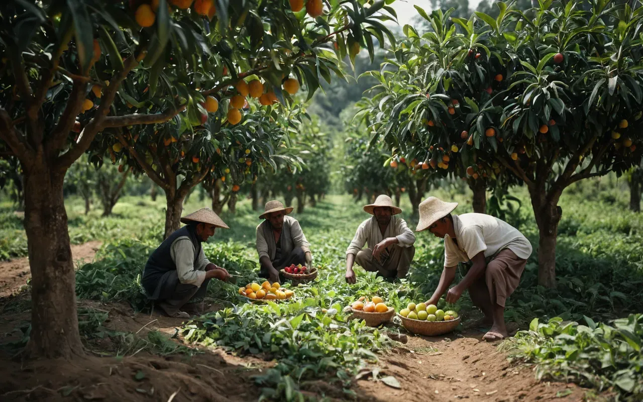 Illustration of ancient people tending to cultivated fruit trees and crops in a managed forest setting showing harmonious interaction between human agriculture and natural vegetation.