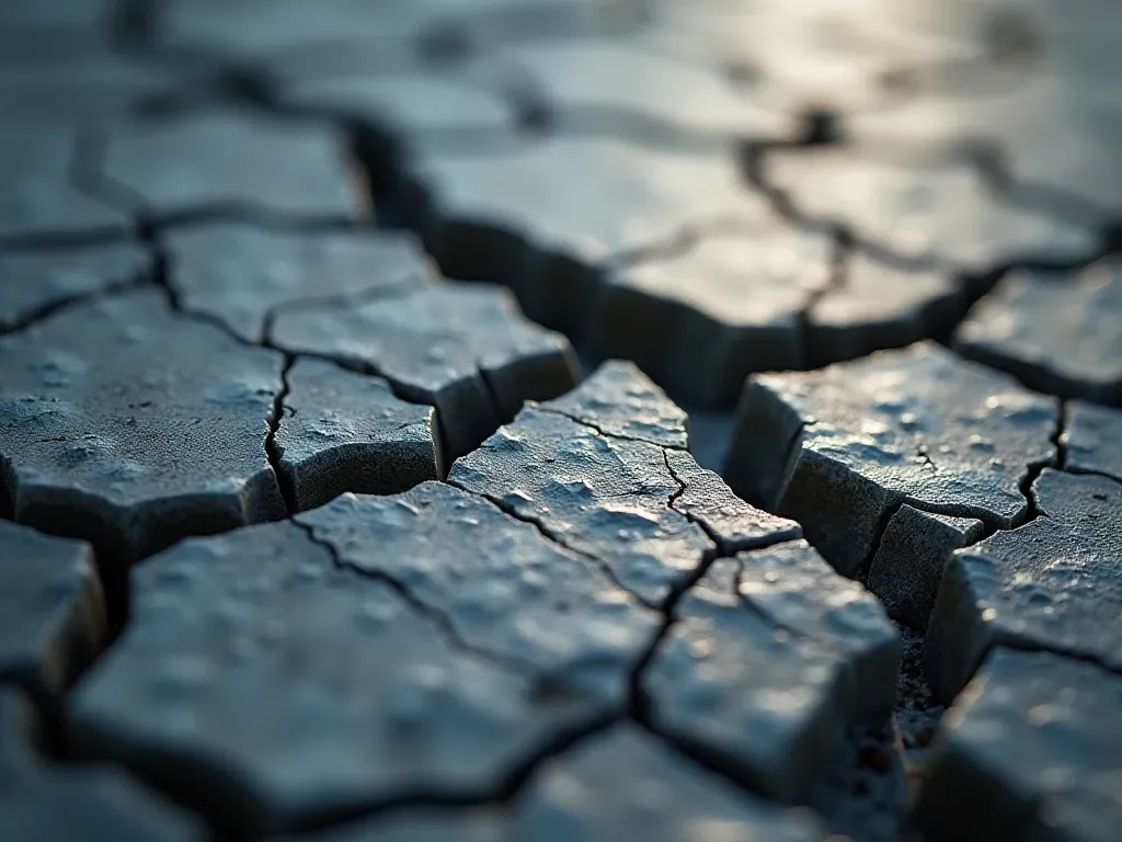 Macro shot of a fractured limestone surface showing distinct mechanical stress lines and chipped edges under harsh artificial lighting with high contrast shadows and no human presence visible in the frame