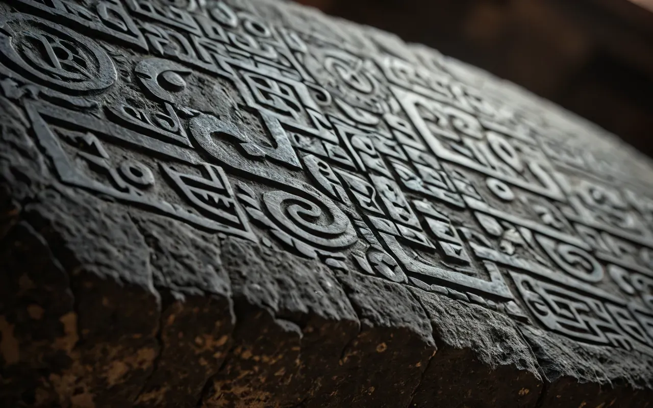 Macro shot of a stone surface showing fine carving marks and tool wear patterns under bright focused light revealing texture details