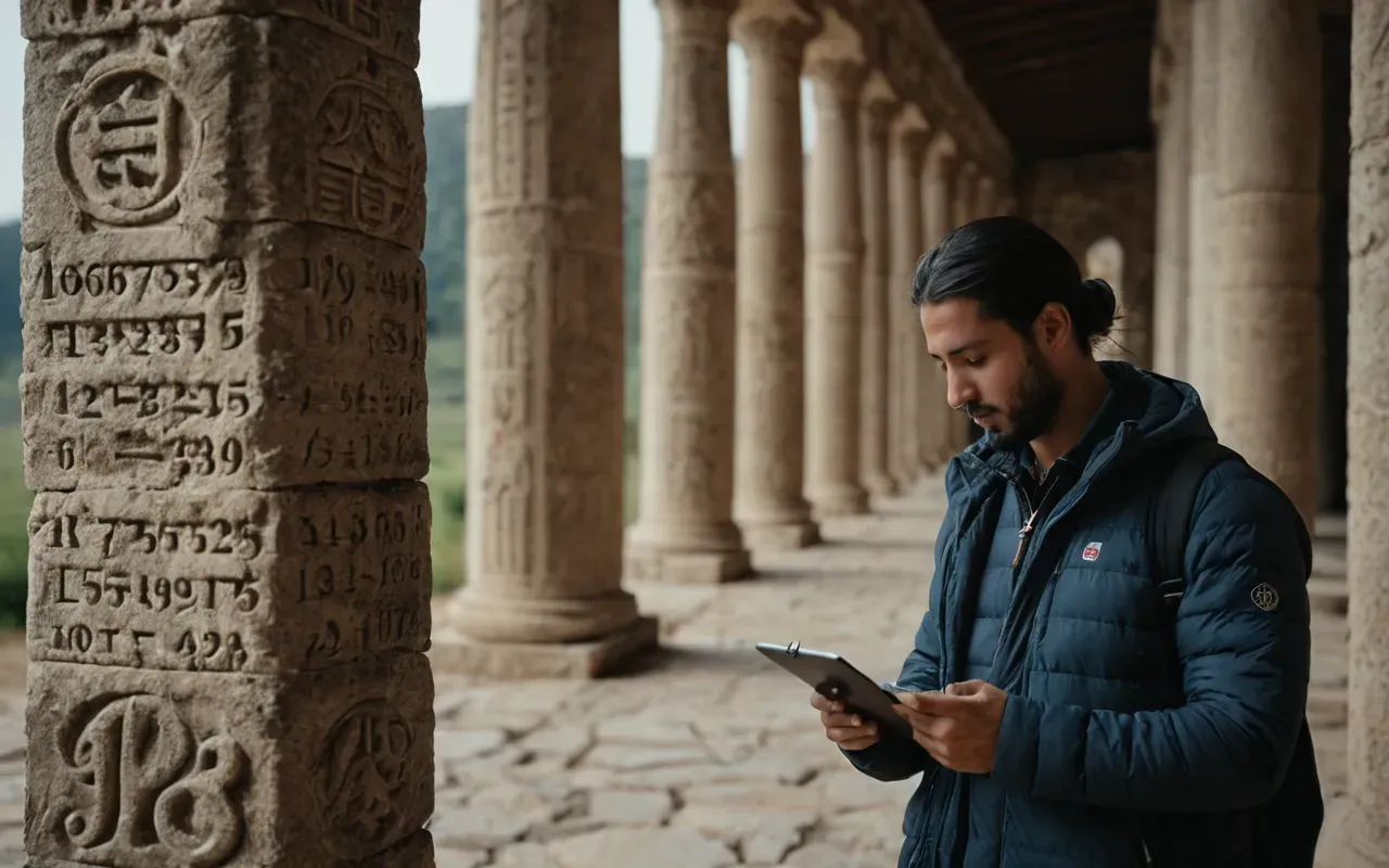Medium shot of a person wearing casual outdoor clothing holding a notebook and pen standing near large stone pillars in an open natural setting with soft morning light filtering through trees