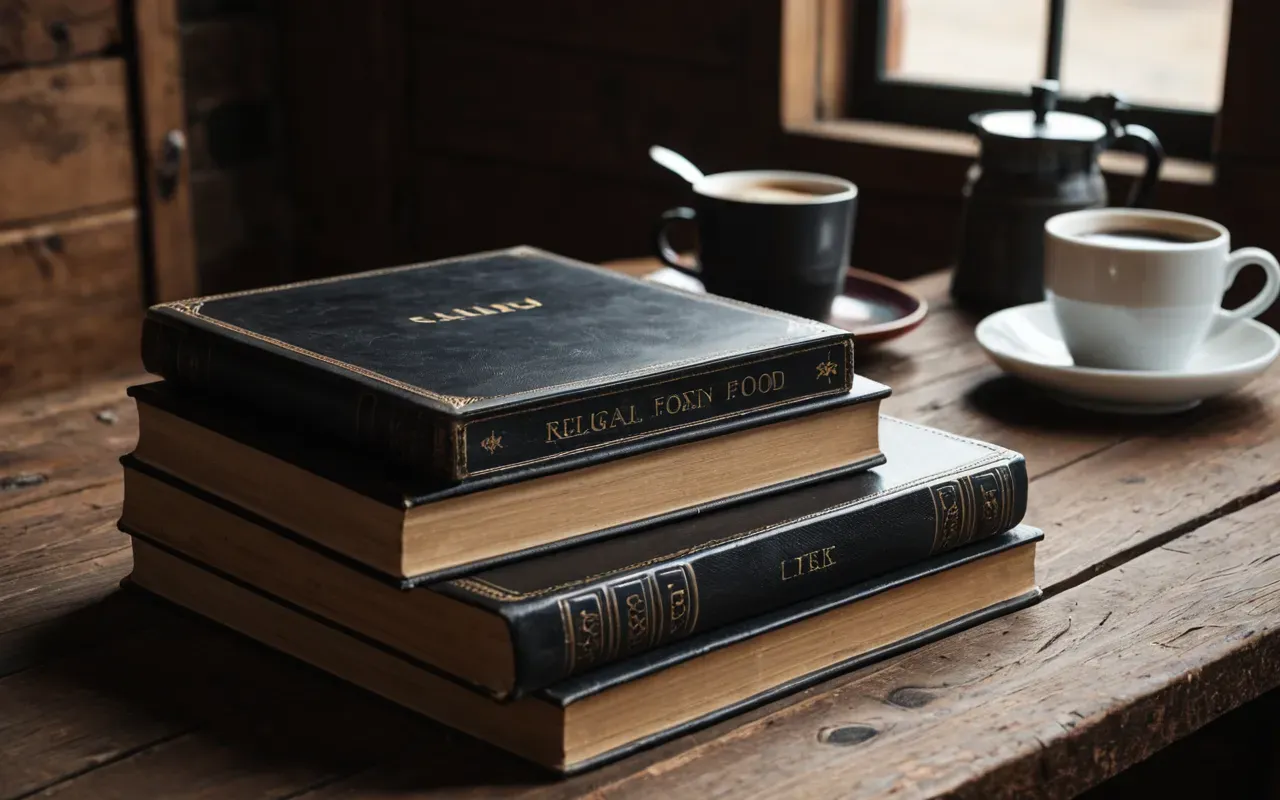 early human civilization Minimalist flat lay of vintage leather bound books stacked neatly beside a magnifying glass and coffee cup on rustic wooden desk surface illuminated by soft natural window light suggesting thoughtful research environment devoid of text elements