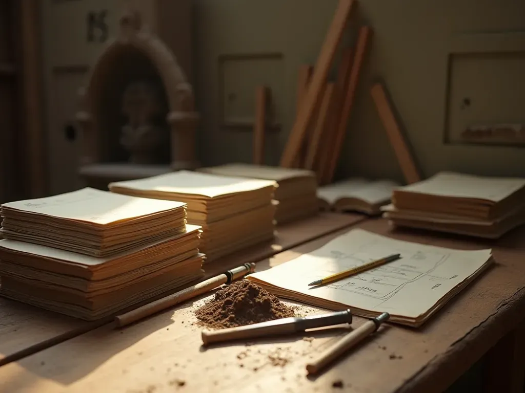 archaeological work Minimalist interior shot of an archaeological field desk with stacked paper notebooks compass trowel and soil samples arranged neatly on wooden surface lit by natural window light creating a calm scholarly atmosphere without text labels