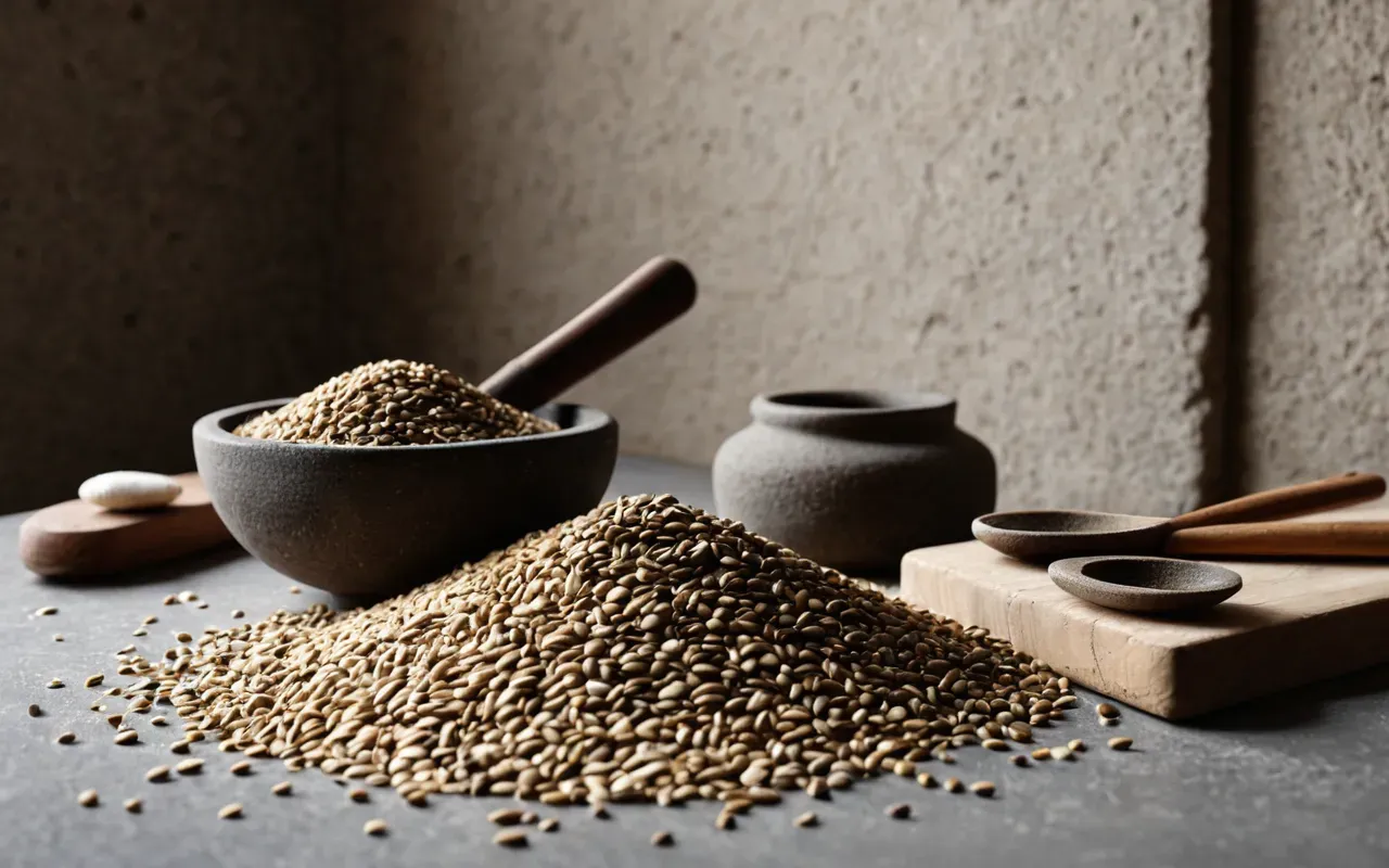 ancient farming tools Minimalist still life composition of ancient grain seeds and stone grinding tools on a neutral textured surface with soft diffused lighting highlighting textures