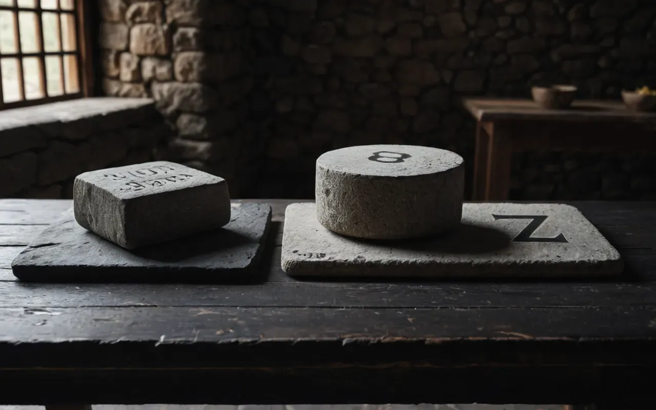stone artifacts Minimalist studio shot of weathered stone artifacts arranged neatly on a dark wooden table with soft directional lighting highlighting textures and shapes without any background clutter